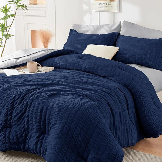 HYMOKEGE Navy Blue/Light Grey Twin Comforter Set Seersucker 5 Pieces, All Season Luxury Bed in a Bag for Bedroom, Bedding Set with Comforter, Sheets, Pillowcase & Sham
