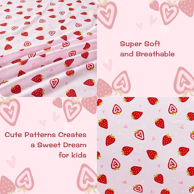 Kids Sheet Set Full Size, Girls Full Sheet Set with Floral Pink Strawberry Pattern，Breathable Silky Soft Microfiber Kids Fitted Sheet