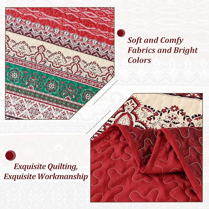 WONGS BEDDING Boho Quilt Set Full, Red Bohemian Quilt Bedding Set, Ultra Soft Lightweight Bedspread for All Season Reversible Microfiber Coverlet Bedding Set 90"x78"(3 Pieces)