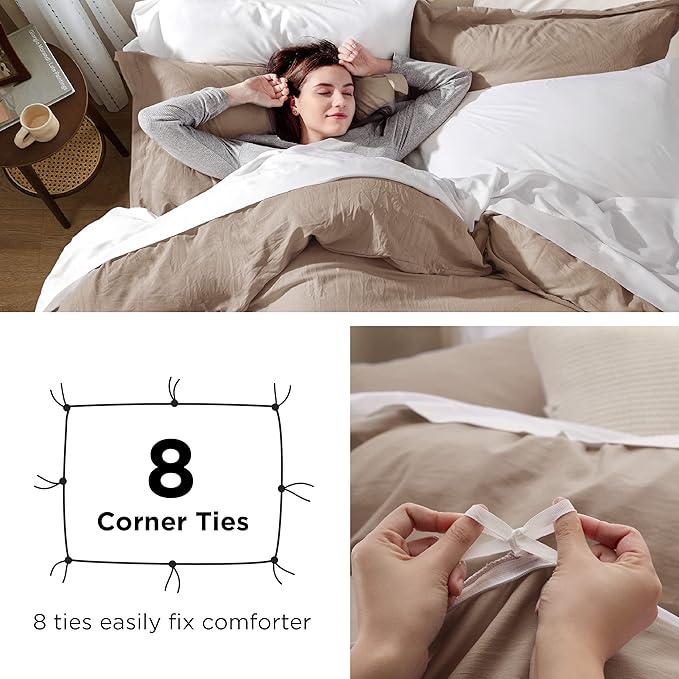 Bedsure Khaki Duvet Cover Queen Size - 3 Pieces Prewashed Cotton-Like Polyester Extra Soft Bedding Set, Includes 1 Duvet Cover 90x90 Inches with Zipper Closure & 2 Pillow Shams, Comforter Not Included