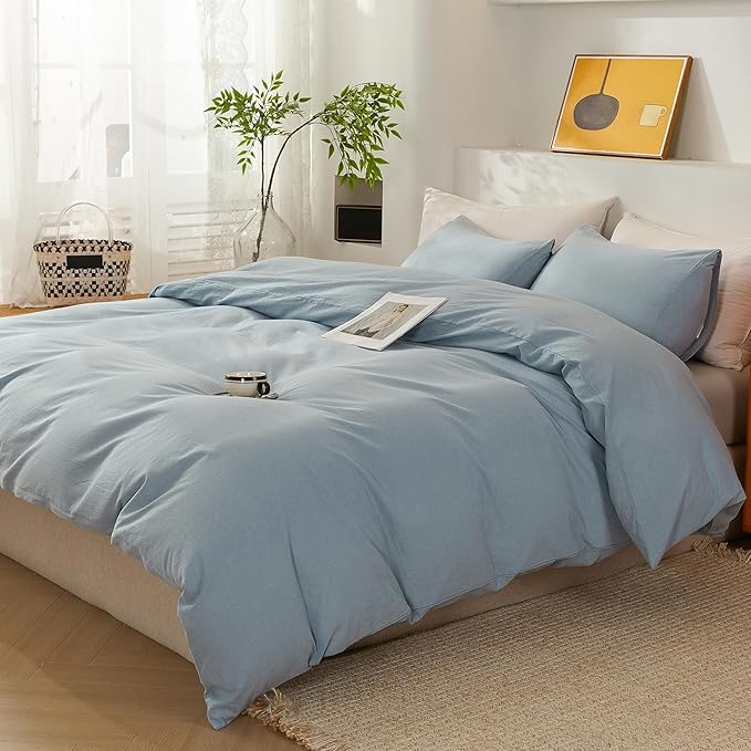 ECOCOTT Light Blue Duvet Cover Full Size - 100% Washed Cotton Durable Soft Comfy Duvet Cover Set, 3 Pieces Duvet Cover with Zipper Closure (80''x90'')