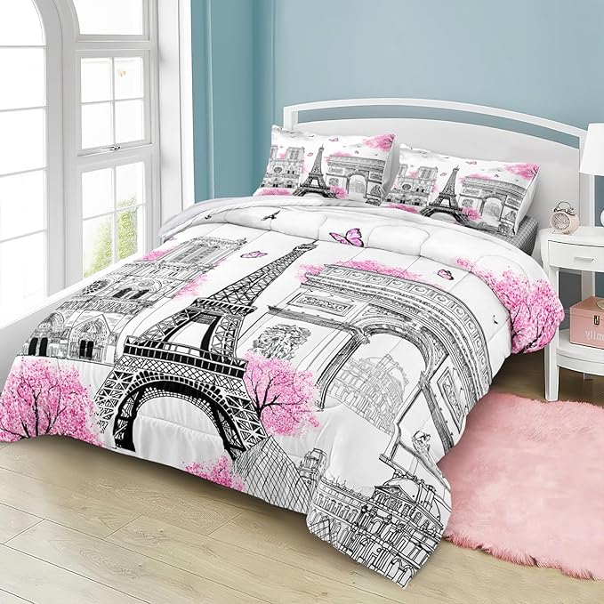 Bedbay Pink Paris Comforter Set Eiffel Tower Duvet Set Aesthetic Bedding for Girls Women Pink and Grey Comforter Quilt Set French Style Summer Lightweight Comforter,No Sheets(Paris,King)