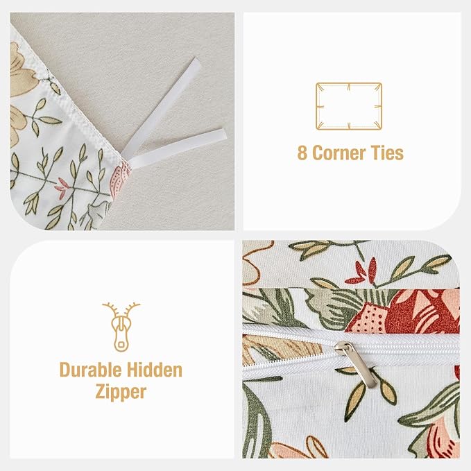 Lekesky Queen Duvet Cover Set, Reversible Vintage Flowers Print Comforter Cover Queen Size 3pc, Soft 100% Washed Microfiber Breathable Bedding Sets with Zipper Ties and 2 Pillowcases