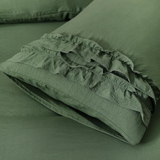 Bedorm Boho Twin Duvet Cover Olive Green Bedding Set Shabby Chic Lace Fringe Ruffle Bedding Super Soft Warm Farmhouse Comforter Cover 3 Pcs Sets