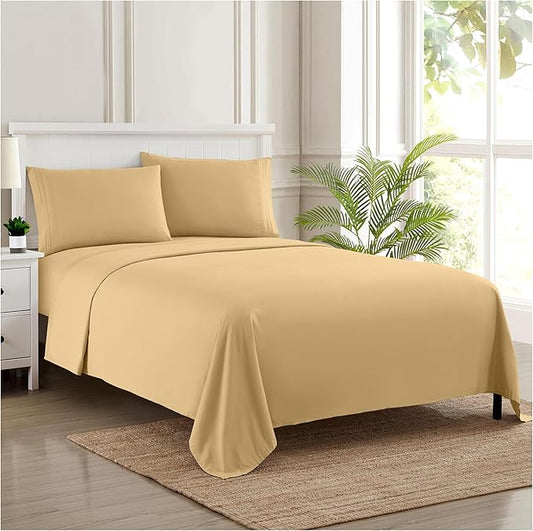 Split King Sheets - Breathable Luxury Sheets with Full Elastic & Secure Corner Straps Built In - 1800 Supreme Collection Extra Soft Deep Pocket Bedding Set, Sheet Set, Split King Size, Camel