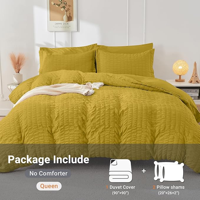 HYMOKEGE Mustard Yellow Duvet Cover King Size, Ultra Soft 3-Piece Seersucker Duvet Cover Set with Zipper Closure, Soft Brushed Microfiber Bedding Set with 8 Corner Ties (104"x90", 2 Pillowshams)
