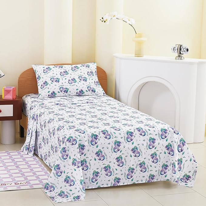 Kids Sheet Set Twin Size, Twin Sheet Set with Mermaid Pattern，Breathable Silky Soft Microfiber Kids Fitted Sheet