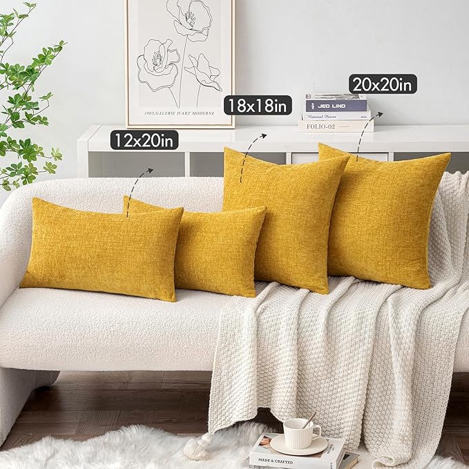 MIULEE Pack of 2 Mustard Yellow Throw Pillow Covers 16x16 Inch Soft Spring Chenille Pillow Covers for Sofa Living Room Couch Solid Dyed Cases