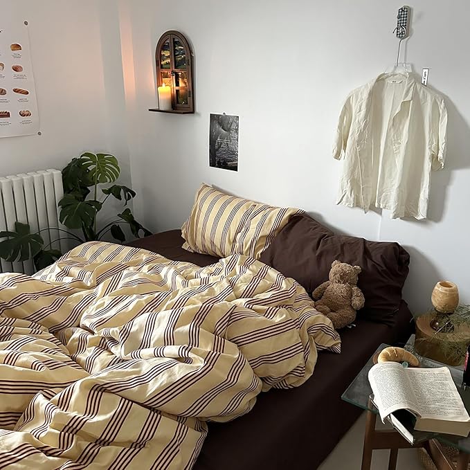 mixinni Retro Striped Duvet Cover Set King - 100% Natural Cotton 3-Piece Vintage Red Stripes Pattern Printed Bedding Set, Soft Breathable Comforter Cover with Zipper Closure & Corner Ties, King Size