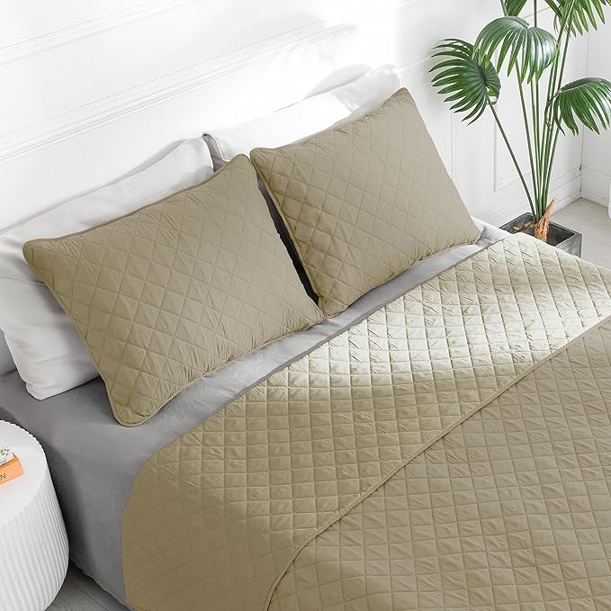 Easy-Going Full/Queen Size Reversible Quilt Set with 1 Quilt and 2 Pillow Shams, Soft Bed Quilt Cover, Water Resistant Lightweight Microfiber Bedspread, Stain Resistant, Beige/Beige