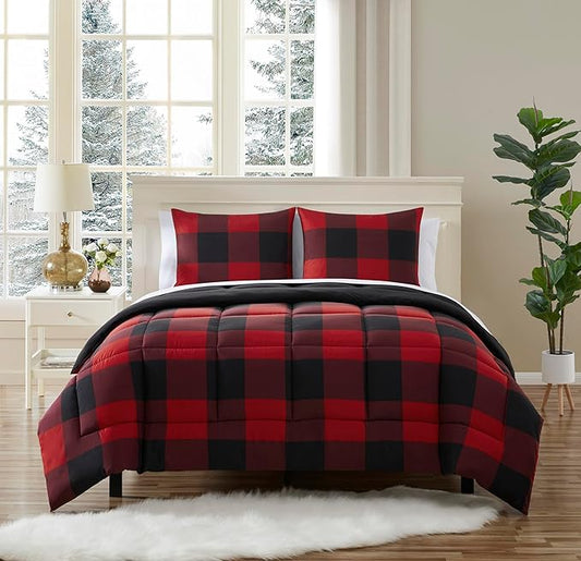 7 Piece Comforter Set Bag Solid Color All Season Soft Down Alternative Blanket & Luxurious Microfiber Bed Sheets, King, Buffalo Plaid Burgundy/Black