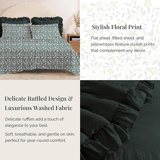 Twin XL Comforter Set - 5 Pieces Ruffle Forest Green Floral Bedding Sets, Shabby Chic Farmhouse Bed in a Bag with Ruffle Comforter, Floral Sheets, Pillowcase & Sham