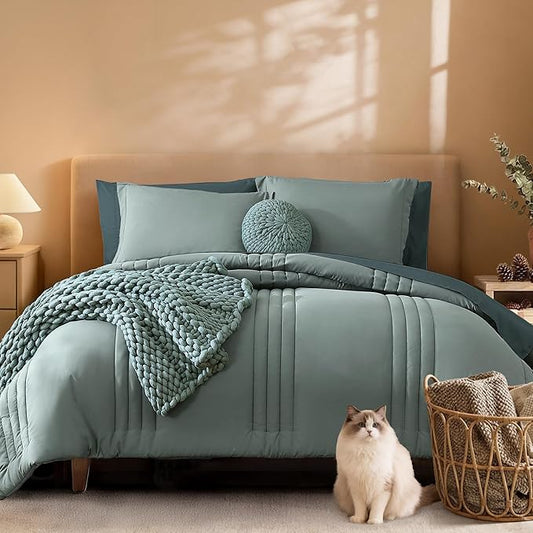 Monbix California King Size Comforter Set - 7 Pieces Bed in a Bag California King, Sage Green Bedding Sets, All Seasons Comforter Bed Set with Sheets, Pillowcases & Shams