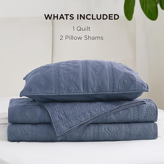 Bedsure 100% Cotton Quilt Set - Lightweight King Bedspread, Navy Blue Cozy Bedding Coverlet 3-Piece with Pillow Shams in Geometric Pattern for All Season, 106x96 inches, 100% Cotton Voile