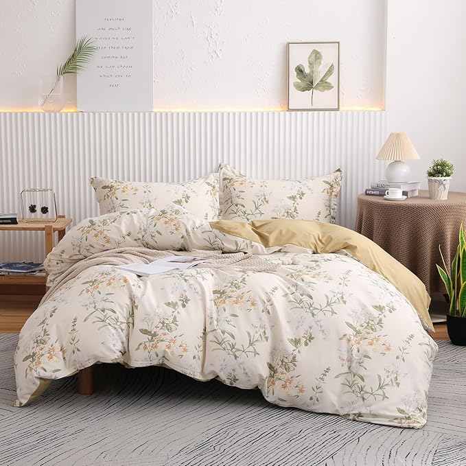OAITE Duvet Cover Set Queen Size Floral Pattern 600 Thread Count Ultra Soft 100% Long Staple Cotton Duvet Cover Sets 3-PC, Breathable Duvet Cover with Zipper Closure & Corner Ties