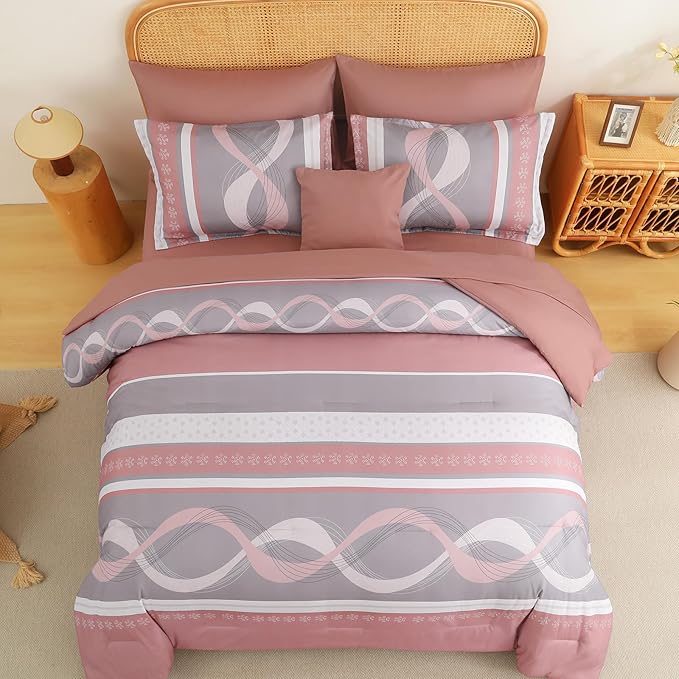 Anibedding Pink Comforter Set Queen Size, 8 Pieces Striped Bed in a Bag Patchwork Bedding Sets, Soft Microfiber Boho Bedding Set for All Season(90"×90")