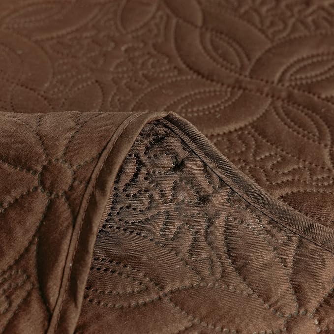 Auemtyn King Size Quilt Set 3 Pieces, Soft Lightweight Summer Bedspread, Reversible Microfiber Bed Coverlet for All Seasons, Brown, Floral Pattern (1 Quilt, 2 Pillow Shams)