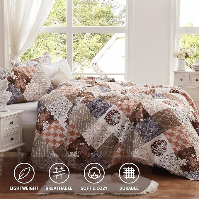 King Size Quilt Set 3 Pieces Lightweight Reversible Bedspread-98''x106'' Soft Patchwork Floral Coverlet Luxurious Warm Microfiber Bed Cover for All Seasons Brown Bedding Set(1 Quilt,2 Pillow Shams)