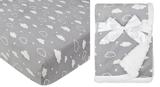 American Baby Company Heavenly Soft 2 Piece Chenille/Sherpa Crib Sheet & Blanket Set, Crib Sheet (52" x 28") & Receiving Blanket (30" x 35"), 3D Cloud Grey, for Boys and Girl