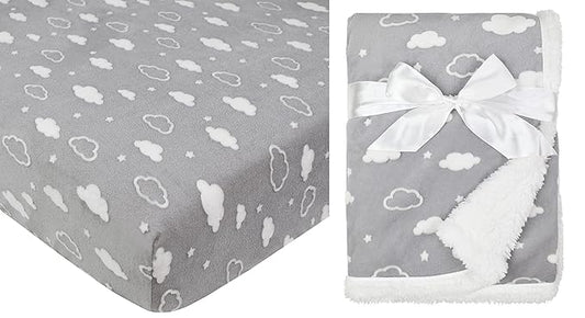 American Baby Company Heavenly Soft 2 Piece Chenille/Sherpa Crib Sheet & Blanket Set, Crib Sheet (52" x 28") & Receiving Blanket (30" x 35"), 3D Cloud Grey, for Boys and Girl