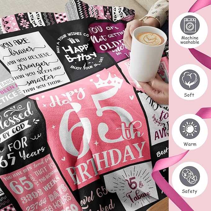 65th Birthday Gifts for Women Throw Blanket 60”x50”, Happy 65th Birthday Decorations for Women, 1961 Bday Gift for 65 Year Old Woman Mom Grandma Friend