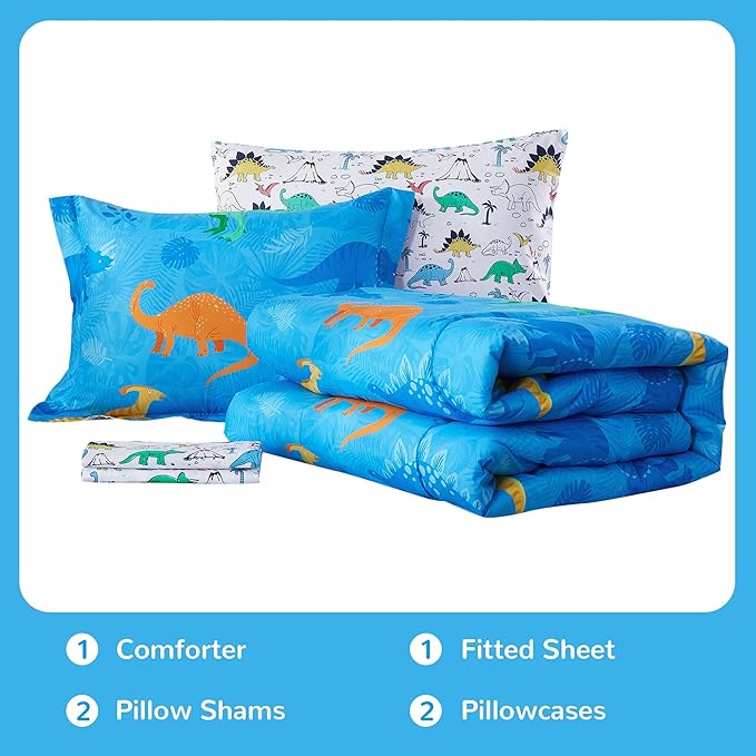 Viviland Kids Full Bedding Sets for Boys, Soft Full Comforter Set with Sheets, 7 Pieces Microfiber Bed in a Bag, Blue Dinosaur