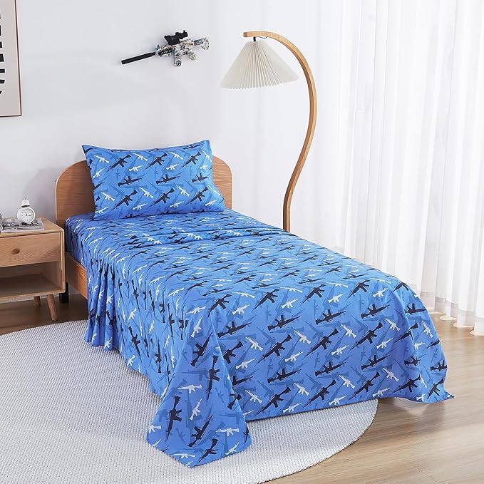 Kids Sheet Set Twin Size, Twin Sheet Set with Blue Camouflage Pattern，Breathable Silky Soft Microfiber Kids Fitted Sheet