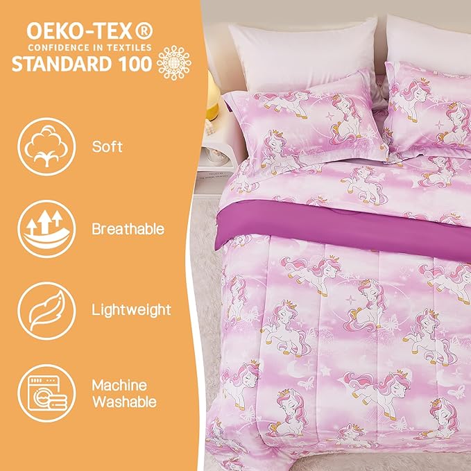 Yibeizi Unicorn Kids Comforter Set for Girls Full Size, Cute Quilted Lavender Printed Bedding Set with Pillow Sham, Lightweight Soft Breathable Machine Washable Bed Set 3 Piece