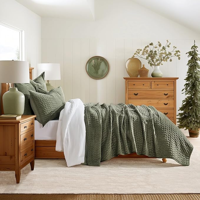 EVERGRACE Luxury Velvet Quilt Set Queen Size 3 Piece, Soft Cross-Stitch Velvet Comforter Set with Pillow Shams, Lightweight Coverlet Bedspread Bedding Set for All Seasons, Moss Green