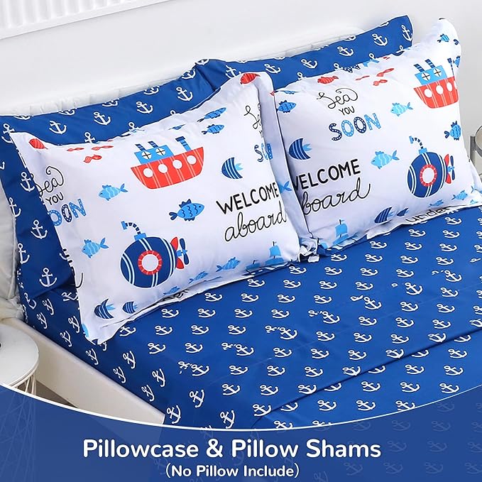 Viviland Kids Full Bedding Sets for Boys, Soft Full Comforter Set with Sheets, 7 Pieces Microfiber Bed in a Bag, Nautical Sea Ship