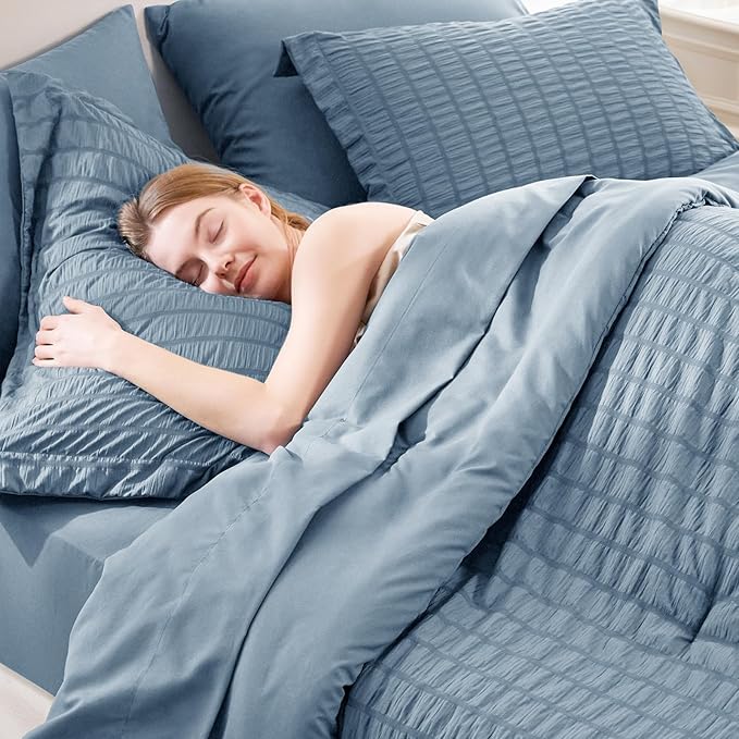 CozyLux Grayish Blue Full Size Comforter Sets with Sheets 7 Pieces, Dusty Blue Seersucker Bed in a Bag Textured Luxury Soft Bedding Set with Down Alternative Comforter, Sheets, Pillowcases & Shams