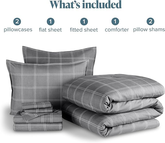 Bare Home Bed-in-A-Bag 7 Piece Comforter & Sheet Set - King - Goose Down Alternative - Ultra-Soft 1800 Premium Bedding Set (King, Modern Plaid - Grey/White)