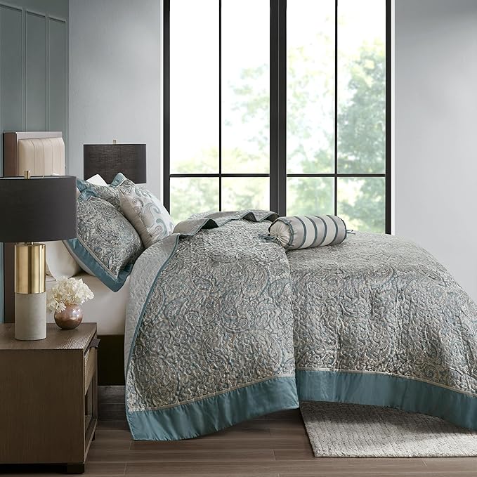 Madison Park Aubrey Reversible Quilted Bedspread Set, Solid Reverse Summer Breathable, Lightweight All Season Bedding Layer, Matching Shams, Bedspread Queen(102"x118") Teal 5 Piece