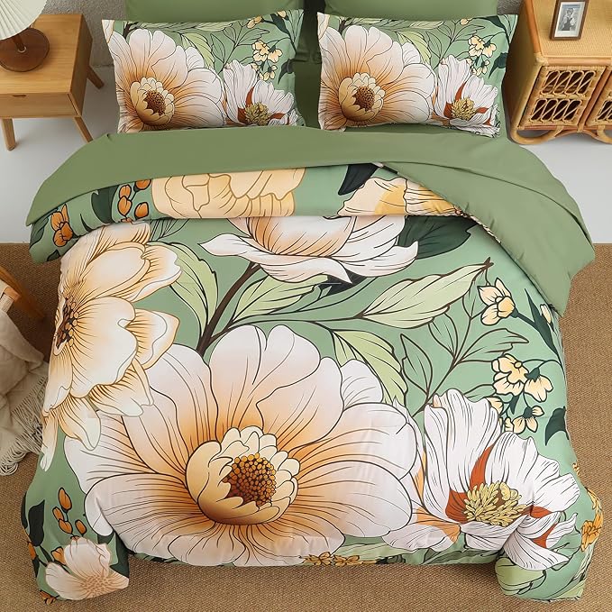Xruibed King Comforter Set 7 Pieces Green Floral Comforter Set King Size Bed in a Bag Flower Bedding Sets Lightweight Boho Bed Set with Sheet,Pillowcases&Shams for All Season