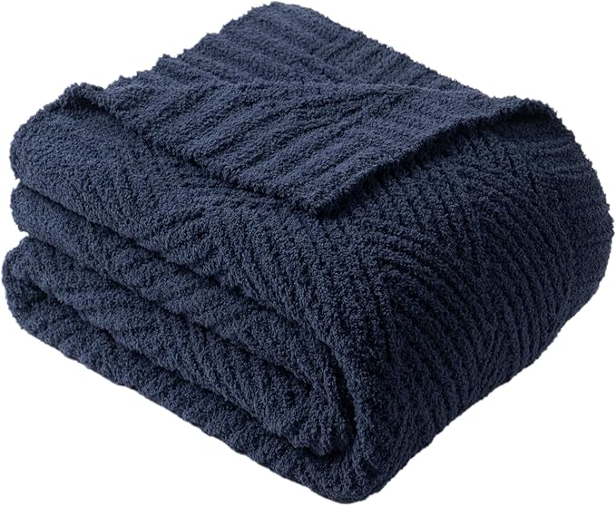 Battilo Navy Diamond Knit Throw Blanket for Couch and Bed, Soft Textured Chenille Blanket, Cozy Lightweight Decorative Blanket for Sofa, 50"x60"