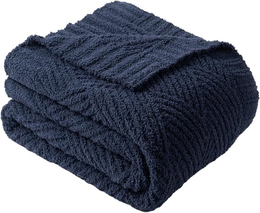 Battilo Navy Diamond Knit Throw Blanket for Couch and Bed, Soft Textured Chenille Blanket, Cozy Lightweight Decorative Blanket for Sofa, 50"x60"