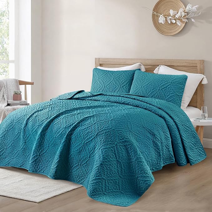Exclusivo Mezcla Twin Quilt Bedding Set, Lightweight Soft Bedspreads Coverlets with 1 Pillow Sham, Modern Teal Quilts Twin XL Size for All Seasons