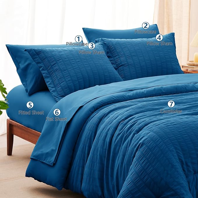 CozyLux King Seersucker Comforter Set with Teal Bed in a Bag 7-Piece All Season Bedding Set with Comforter, Pillow Sham, Flat Sheet, Fitted Sheet, Pillowcase