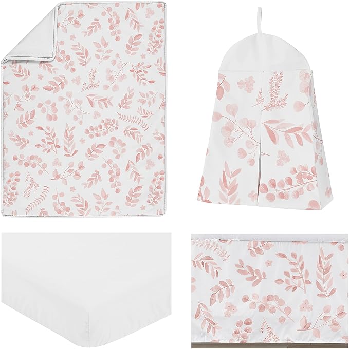 Sweet Jojo Designs Blush Pink and White Floral Leaf Baby Girl Nursery Crib Bedding Set Boho Chic Bohemian Watercolor Botanical Flower Woodland Tropical Garden Leaves Pastel Light Pink Nature Bloom 4pc