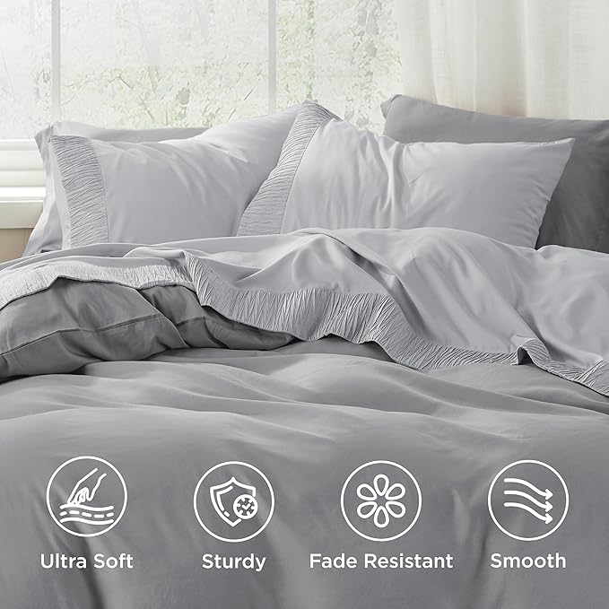 Bedsure Queen Sheet Set - 4 Pieces Soft Queen Size Sheets - Breathable & Cooling - Hotel Luxury - Easy Care Polyester Microfiber Bedding for Women, Men, Light Grey