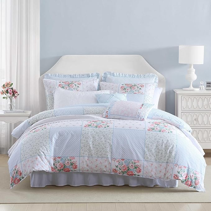 Laura Ashley - Queen Comforter Set, Soft Cotton Bedding with a Medium Weight 7 Piece Bed Set with Matching Pillowcases, Euro Shams & Bonus Throw Pillow Covers (Hope Patchwork Blue)
