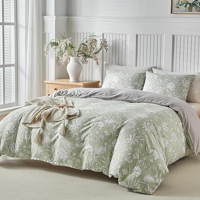 Lekesky Queen Size Duvet Cover Set, Reversible Duvet Cover Queen with White Floral Pattern, Lightweight Soft Microfiber Comforter Cover, 3 Pieces Green Bedding Set with Zipper and 2 Pillowcases