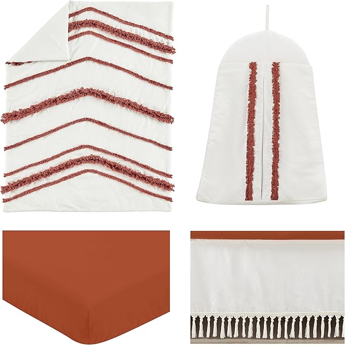 Sweet Jojo Designs Orange Boho Bohemian Girl boy Baby Crib Bedding Set Infant Nursery Blanket Fitted Sheet Skirt Diaper Stacker 4p Burnt Rust Ivory Farmhouse Shabby Chic Modern Tassel Fringe Cotton