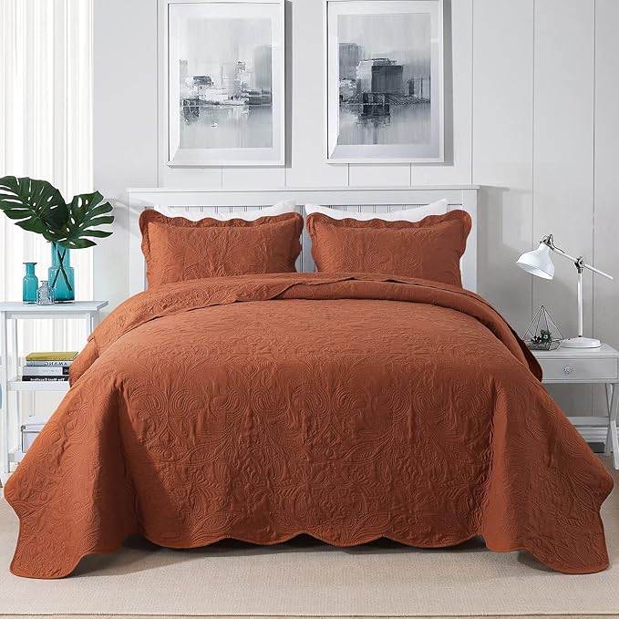 HoneiLife Embroidered Quilt King Size - 3 Piece Microfiber Quilt Sets Lightweight Bedspreads Reversible Coverlets Retro Bed Cover Paisley Pattern Bedding Set All Season Quilts-Rust