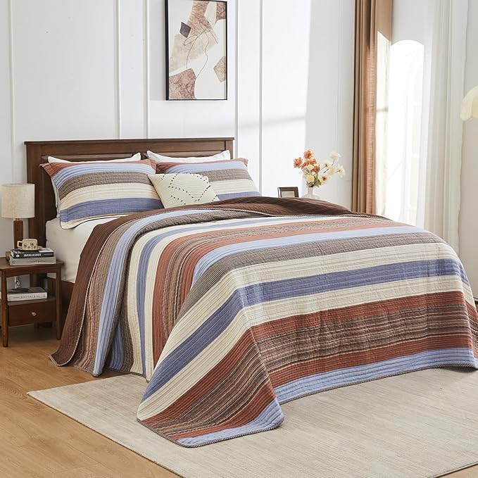Oversized King Quilt Bedspread Coverlet 120x120, 100% Cotton California King Quilt with Pillow Shams, Soft Yarn Dyed Multicolor Striped Bedding Set, Brown/Beige/Blue