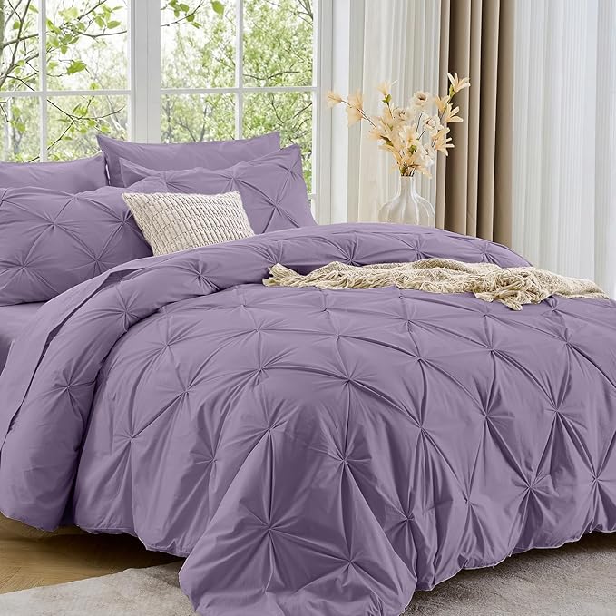 Sasttie King Size Comforter Set, 7-Piece Bed in a Bag, Pintuck Bedding Set for All Season, Includes Comforter, Flat Sheet, Fitted Sheet, Pillowcases and Pillowshams, New Purple