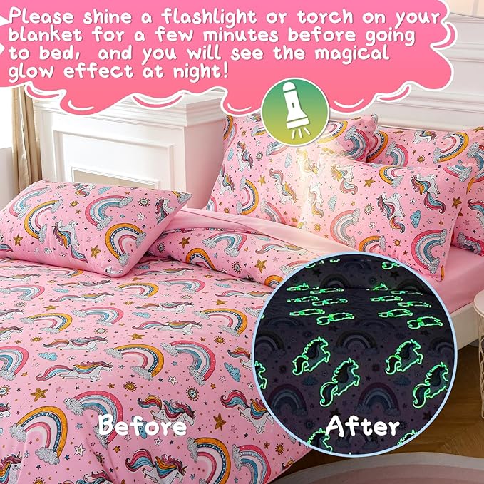 Glow in The Dark Kids Comforter Set, 7 Pieces Pink Unicorn Bedding Set Full Size for Boys Girls Teen, 1 Comforter, 2 Pillowcases, 2 Pillow Shams, 1 Flat Sheet, 1 Fitted Sheet