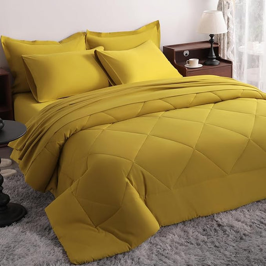 NTBAY Queen Comforter Set with Sheets, 7 Pieces Soft and Breathable Queen Bedding Set, Bed in a Bag, Down Alternative Comforter Set Solid Color All Season, Queen Bedding Set, Yellow