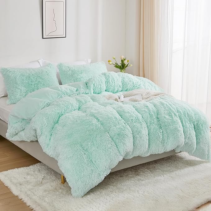 annadaif Fluffy Duvet Cover Full Size, Aqua Green Plush Shaggy Faux Fur Comforter Cover Velvet Bedding Set with Zipper Closure(1 Duvet Cover, 2 Pillowcases)