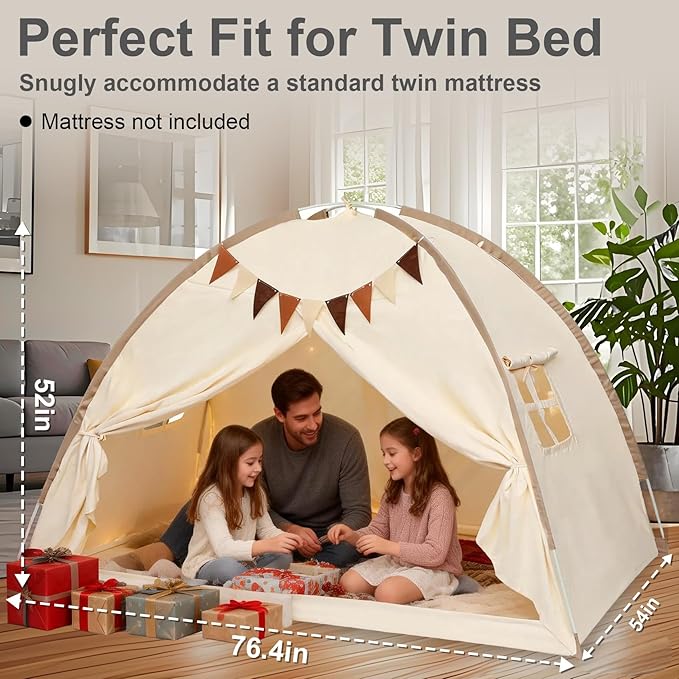 Full Bed Tent Canopy, Indoor Blackout Privacy Toddler Bed Tent for Kids with Light, Portable Sleeping Floor Kids Playhouse (Cream, Full Size)
